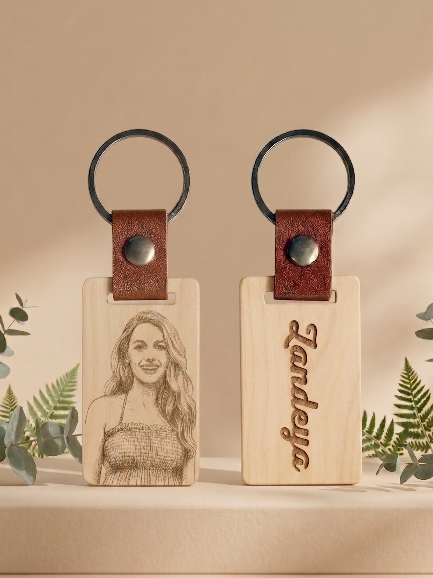 Personalized Wooden Engraved Leather Keychain