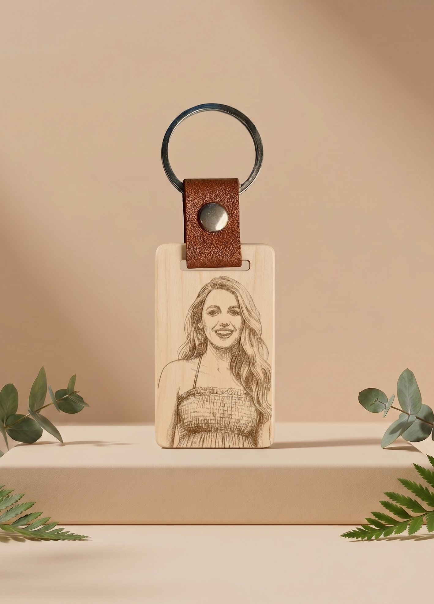 Personalized Wooden Engraved Leather Keychain